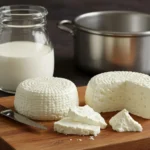 Homemade cheese in a wooden bowl