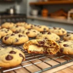 Freshly baked Chocolate Chip Cheesecake Cookies on a wire rack with broken cookies showing creamy centers.