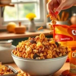 A cozy kitchen scene showing someone preparing a Cheez It Snack Mix with ingredients like nuts, pretzels, dried fruits, gluten-free Cheez Its, and spicy Cheez Its. Cooking utensils and recipe notes are scattered around, creating a warm and creative atmosphere.