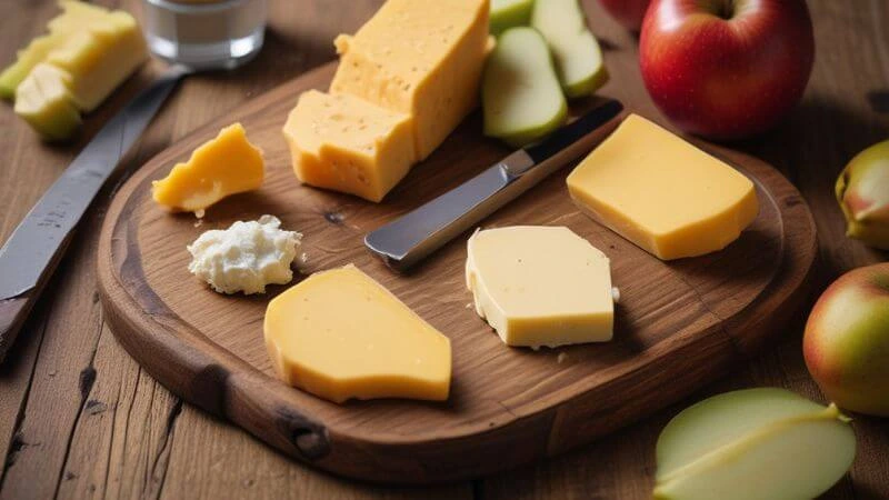 Rustic wooden board featuring three varieties of cheddar cheese: mild, sharp, and extra sharp. A measuring tape wraps around a cheese wheel to highlight calcium content, with a protein powder scoop nearby. Fresh apples are included for pairing suggestions. The scene is lit with warm natural lighting, focusing on cheese crystals.