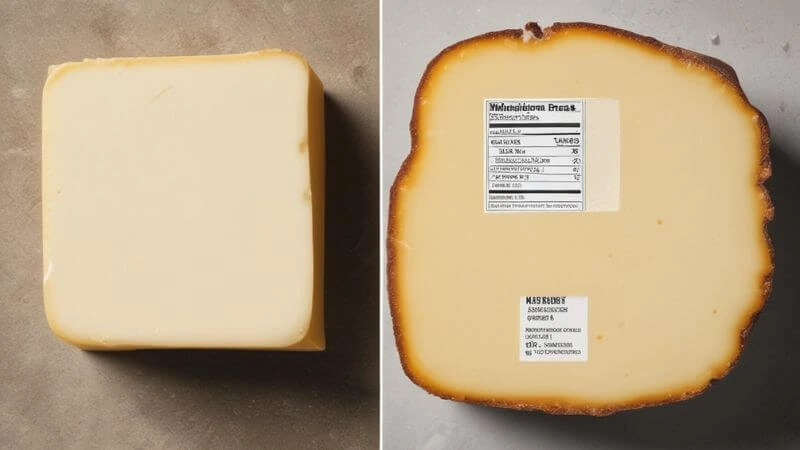 Split-image composition comparing artisanal cheddar cheese with simple ingredients (milk, salt, cultures) on the left and processed cheese with a long ingredient list (cellulose, preservatives) on the right. Magnifying glass highlights additives in processed cheese, with contrasting dark vs light lighting.