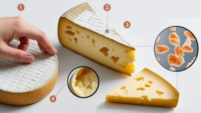 Step-by-step infographic showing cheese quality control: 1) Hand touching a cheese wheel to check texture, 2) Cheese being cut open to assess color consistency, 3) Nose smelling a wedge to evaluate aroma, 4) Magnified view of tyrosine crystals. Clean white background with numbered annotations in flat lay style.