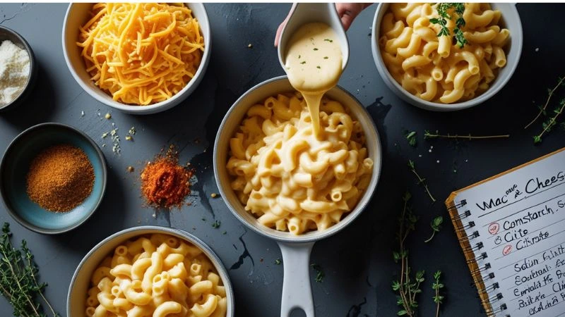 Overhead shot of a kitchen workspace featuring three mac and cheese variations: original cheddar, smoked with paprika, and herb-infused with visible thyme. Melting cheese pull action captured, with ingredients like cornstarch and sodium citrate scattered artistically. A notebook with handwritten tips is included in the frame.