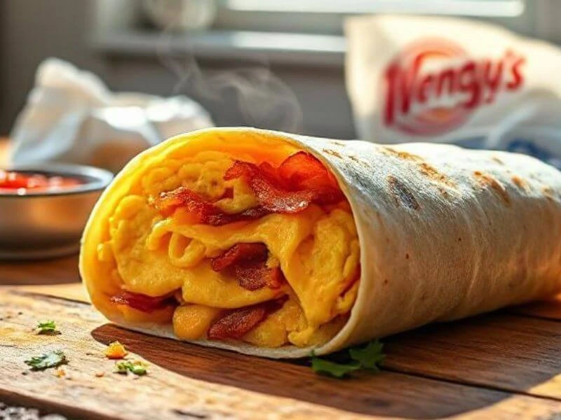 Cross-section of a breakfast burrito on a wooden table, showing scrambled eggs, crispy bacon, and melted cheddar cheese with rising steam, salsa, and cilantro on the side.
