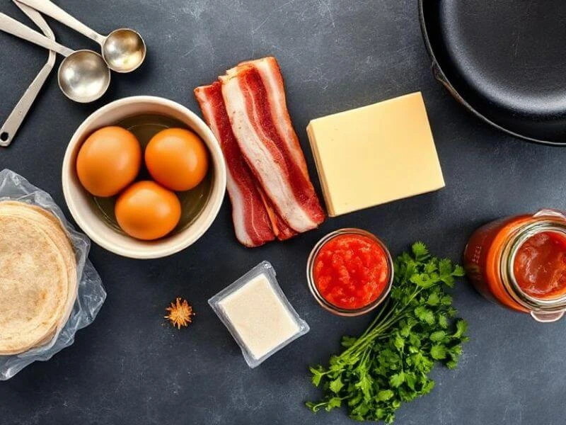 Overhead shot of raw ingredients for Don Miguel breakfast burritos arranged in a circle on a slate background: two large brown eggs in a ceramic bowl, three strips of uncooked bacon, a block of sharp cheddar with knife marks, a stack of flour tortillas in plastic wrap, a small jar of homemade salsa with tomato chunks, and fresh cilantro sprigs. Measuring spoons and a cast iron skillet are visible in the background, perfect for making chorizo breakfast burritos or Toasty’s breakfast burritos.