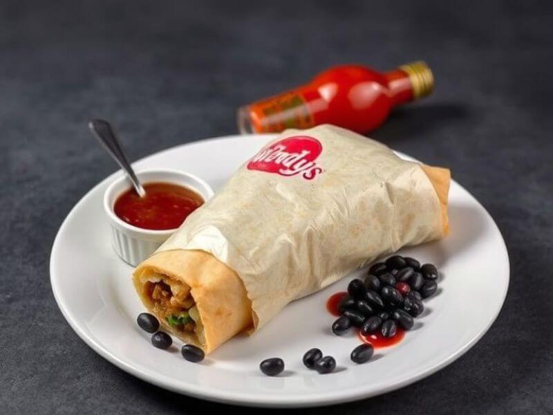 Burrito wrapped in branded parchment paper, partially unwrapped to reveal the filling, placed diagonally on a white ceramic plate with a bite taken out. Nearby are a small ramekin of salsa with a spoon, a tipped bottle of hot sauce, and a few spilled black beans on a matte background with subtle shadows. Perfect for a Jack in the Box breakfast burrito, Jimmy Dean breakfast burrito, or a high protein breakfast burrito