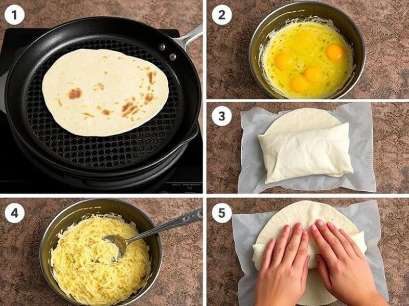 Step-by-step grid showing the making of a chicken breakfast burrito: tortilla heating on a comal with slight charring, eggs scrambling with visible curds, cheese melting in a bubbling saucepan, and hands folding the burrito with parchment crackling. Related to Dog Haus breakfast burrito and breakfast burrito calories.