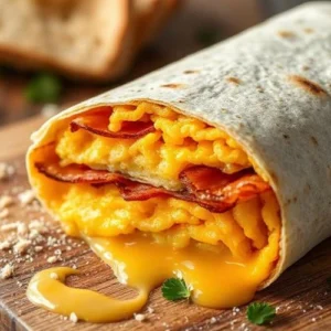 Cross-section of a chorizo breakfast burrito on a rustic wooden table, showing layers of fluffy yellow scrambled eggs, crispy bacon strips, and melted orange cheddar cheese oozing out. Steam rises from the grilled tortilla with visible marks. Nearby are a small bowl of vibrant red salsa, scattered fresh cilantro leaves, and a crumpled Wendy’s-style wrapper. Morning sunlight casts dynamic shadows. Perfect for Sunny and Fine’s breakfast burritos and chorizo burrito lovers.