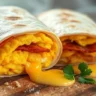 Close-up of a high-protein breakfast burrito inspired by Wendy’s, stuffed with scrambled eggs, crispy bacon, melted cheese, and chorizo, sliced open to show layers. A hearty alternative to Burger King breakfast burritos, perfect for busy mornings.