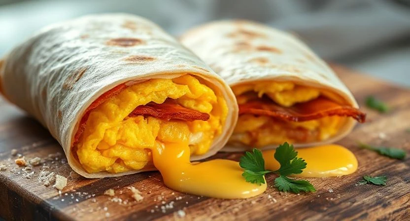 Close-up of a high-protein breakfast burrito inspired by Wendy’s, stuffed with scrambled eggs, crispy bacon, melted cheese, and chorizo, sliced open to show layers. A hearty alternative to Burger King breakfast burritos, perfect for busy mornings.